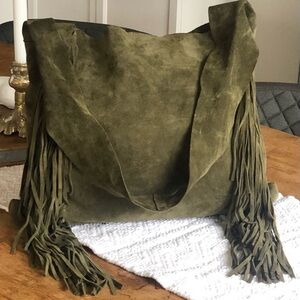 Green Suede Hobo Bag with Fringe Details